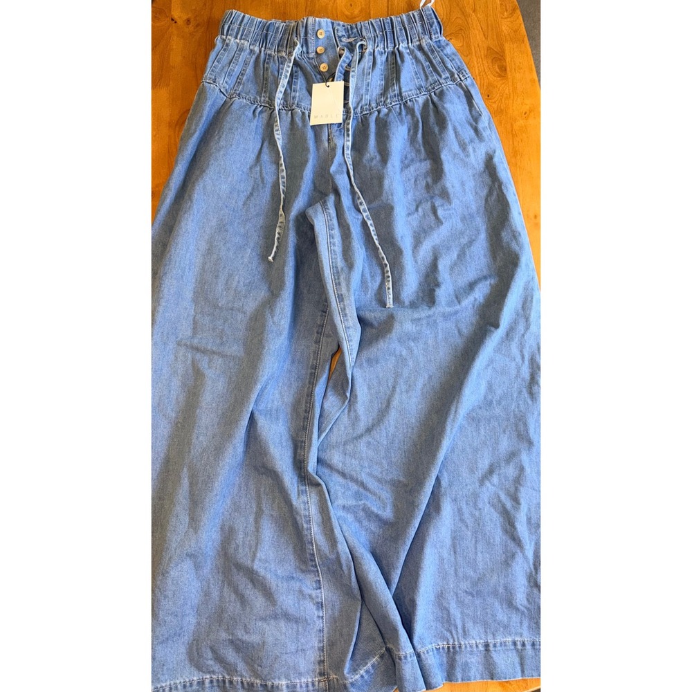 Mable Womens Super Wide Leg Nola Denim Pants Light Wash Blue Paperbag Size S NEW